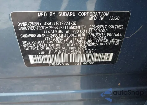 2021 Subaru Forester Premium из США, поврежденный, VIN JF2SKAFC8MH476063